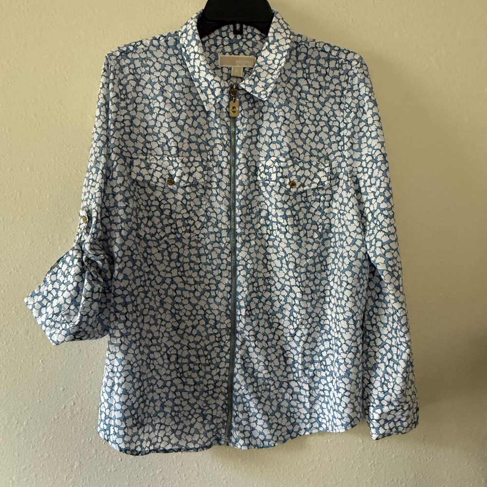 Michael Michael Kors Blue White Floral Ginkgo Full Zip Blouse Roll Tab XL